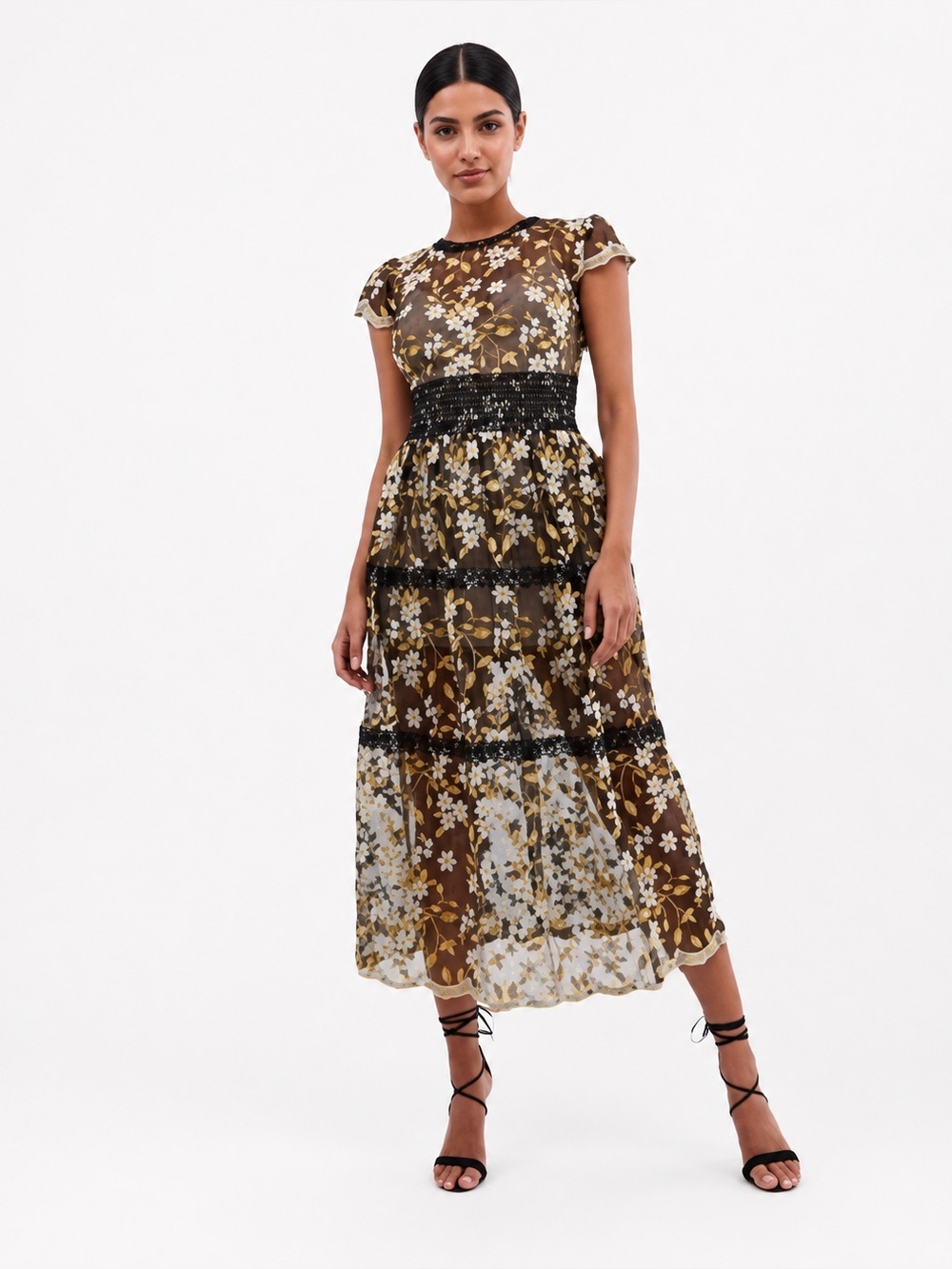 Bronx and Banco Black Dress with Yellow & White Floral Embroidery